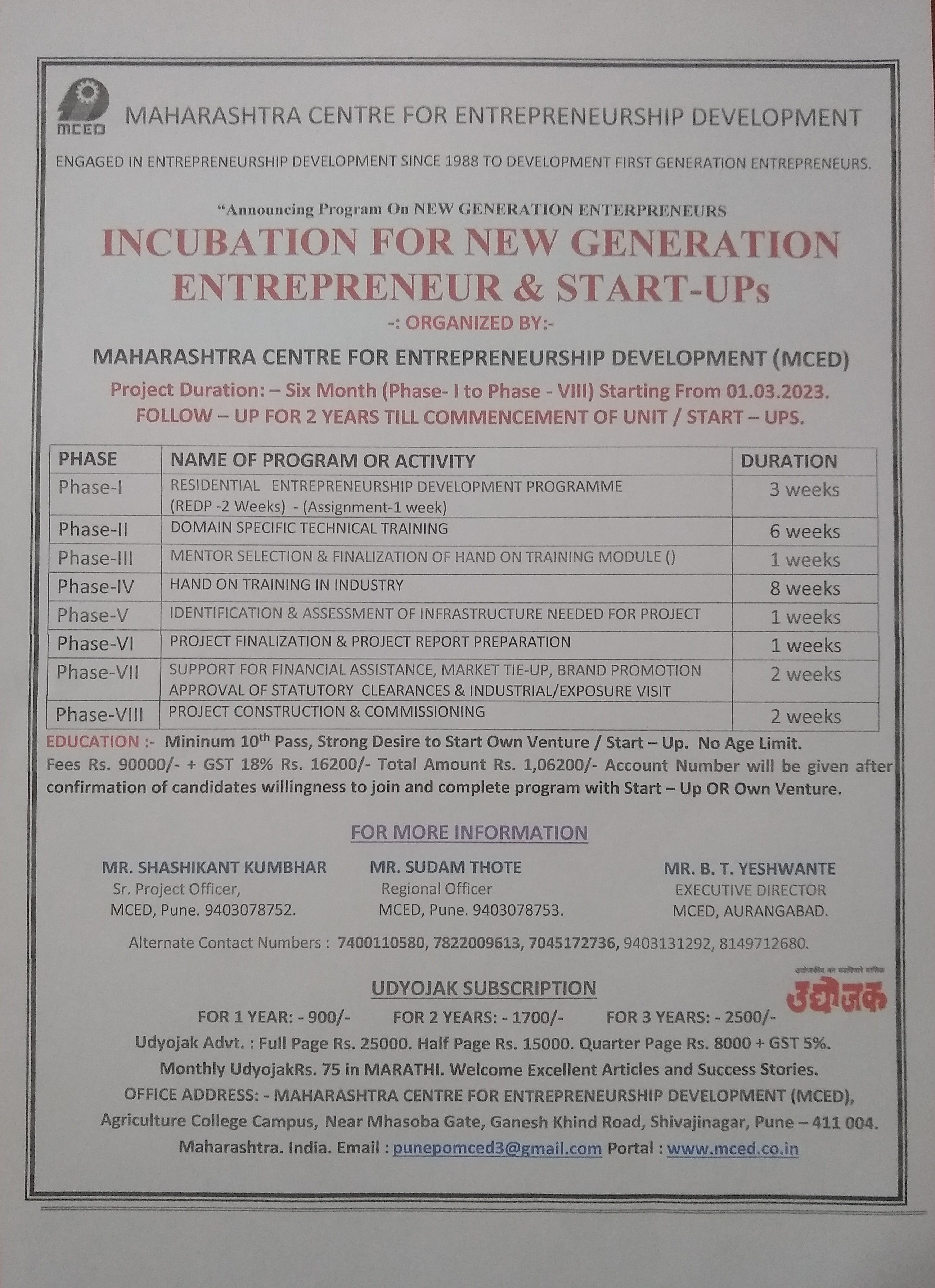 Incubation for New Generation Entrepreneurs & Start - Ups