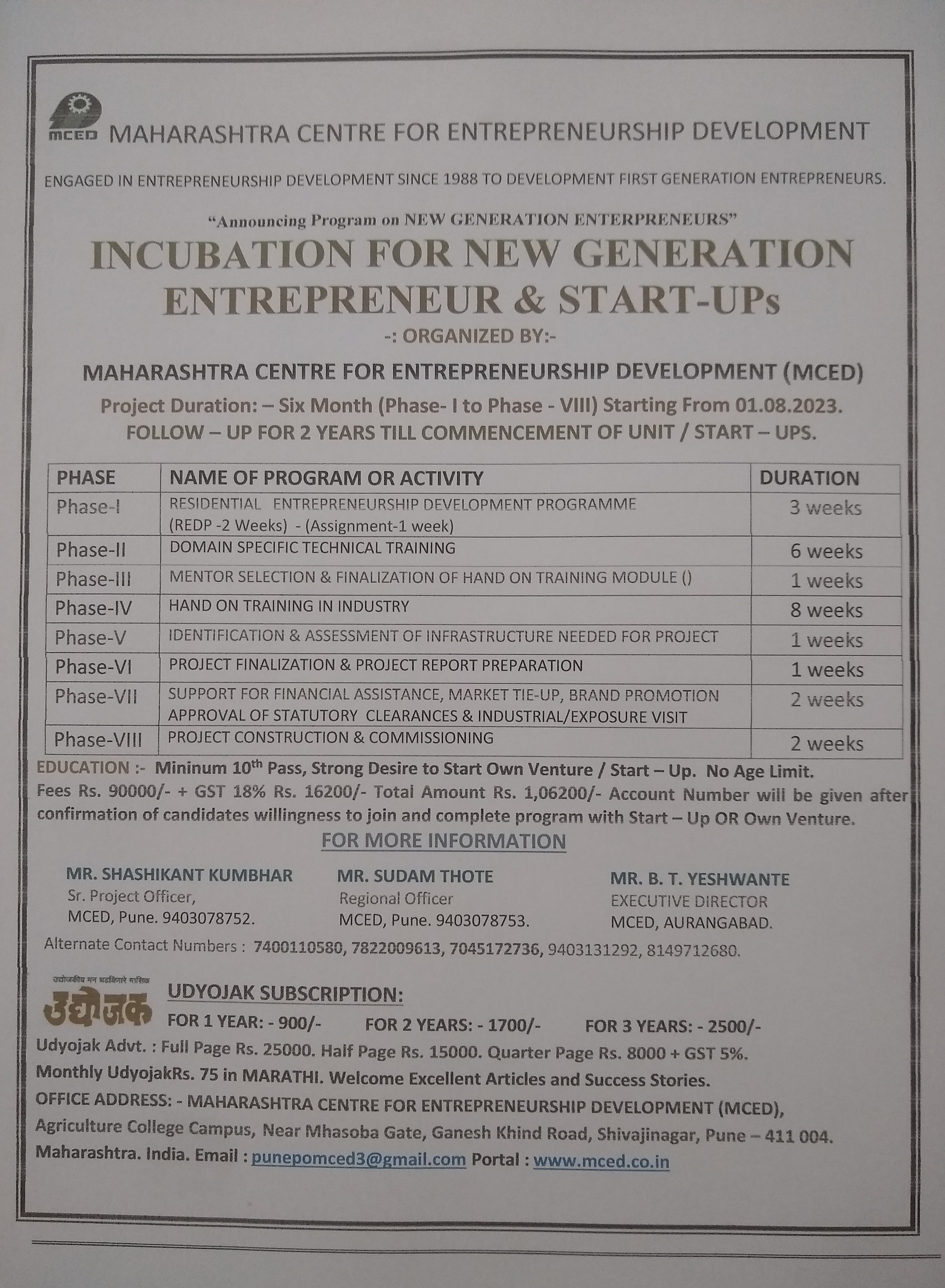 Incubation for New Generation Entrepreneurs & Start - Ups