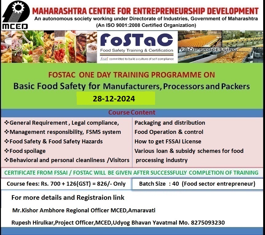 Fostac one Day Training Programme on Basic Food Safety for Manufacture, Processors and Packers,