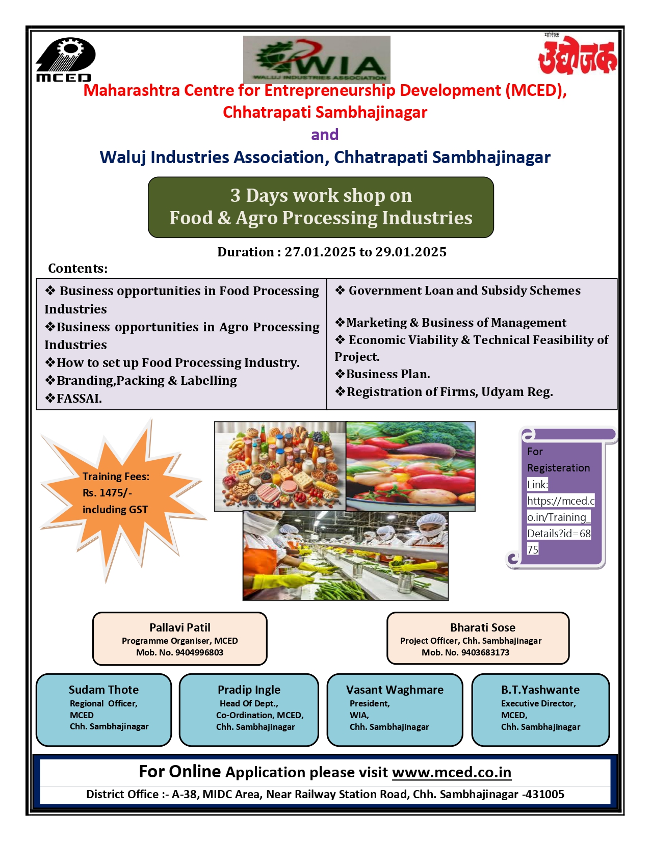 3 Days Work shop on
Food & Agro Processing Industries