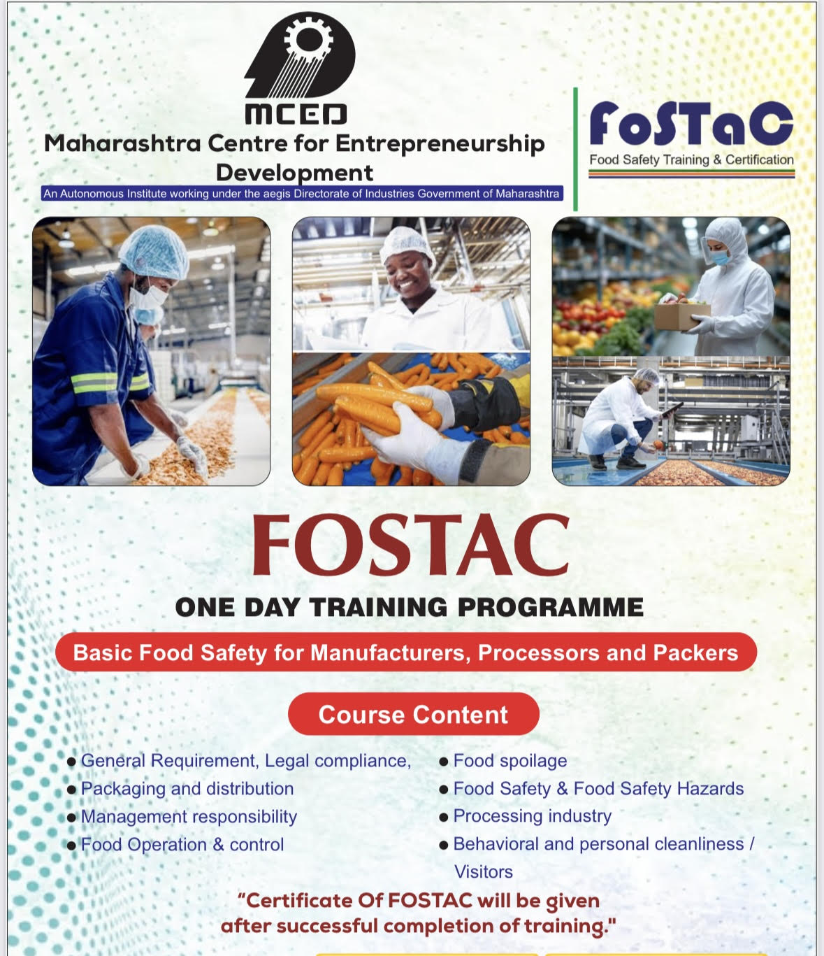 Basic Food Safety for Manufacturers, Processors & Packers (FoSTaC)