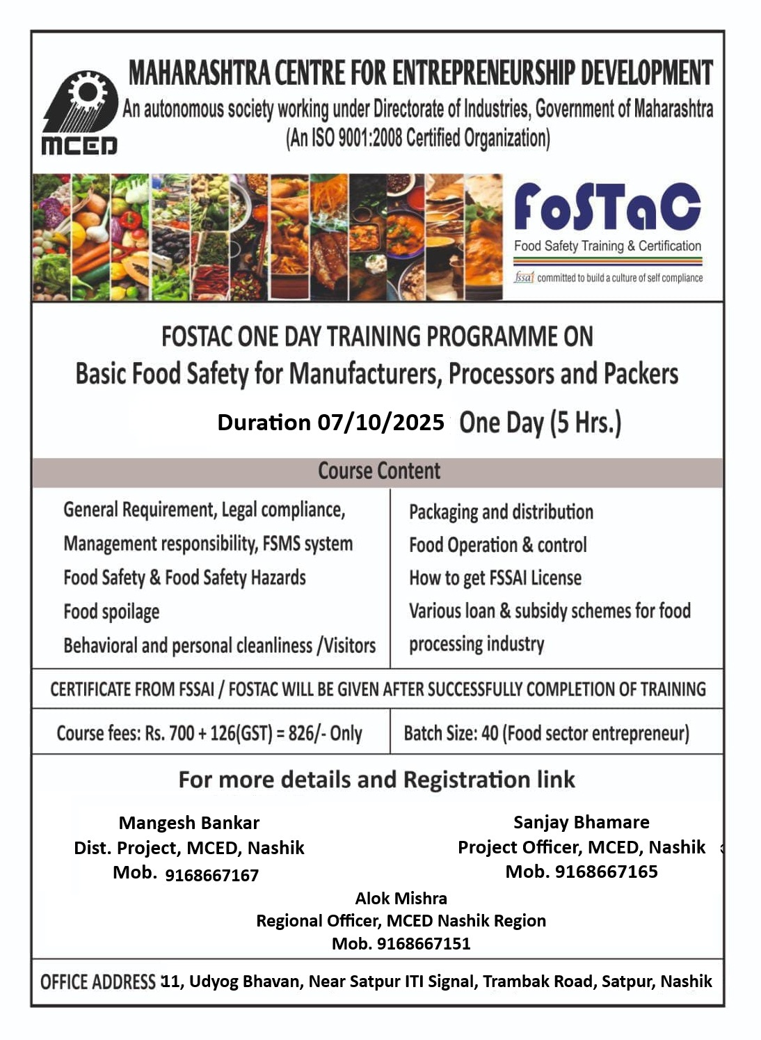FoSTaC One Day Training on Basic Food Safety for Manufacturers, Processors & Packers