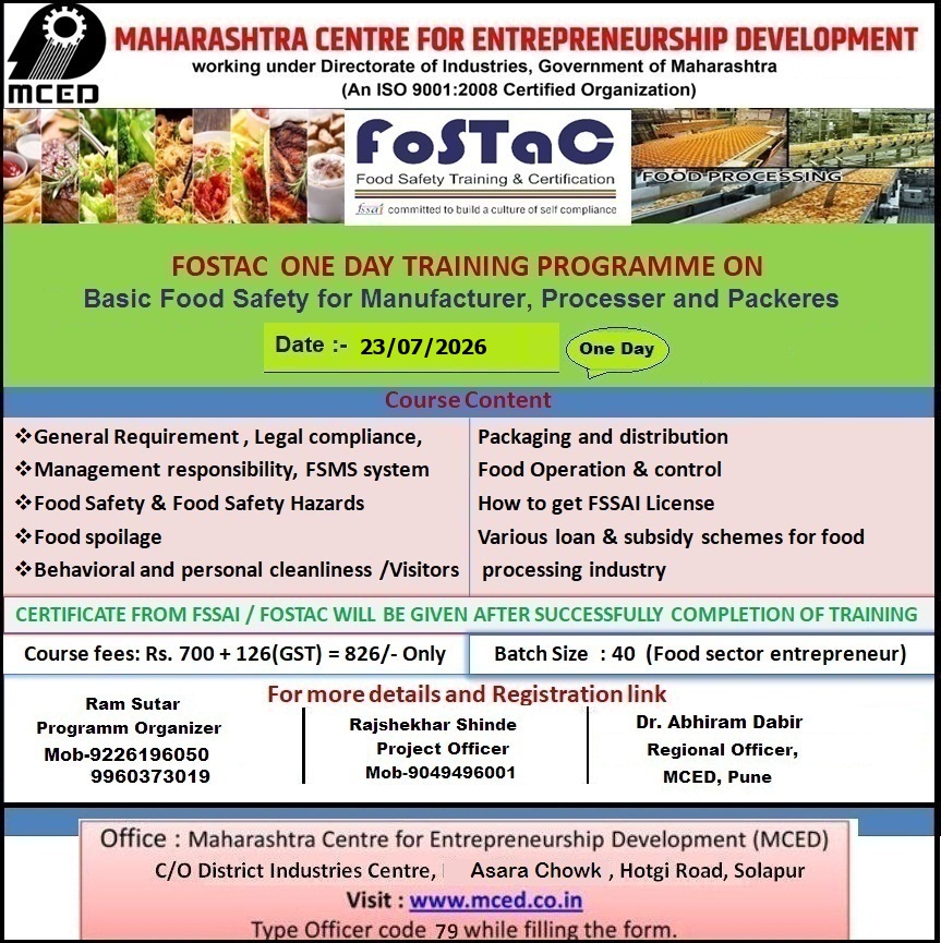 FOSTAC One Day Training Programme on Basic Food Safety, Solapur